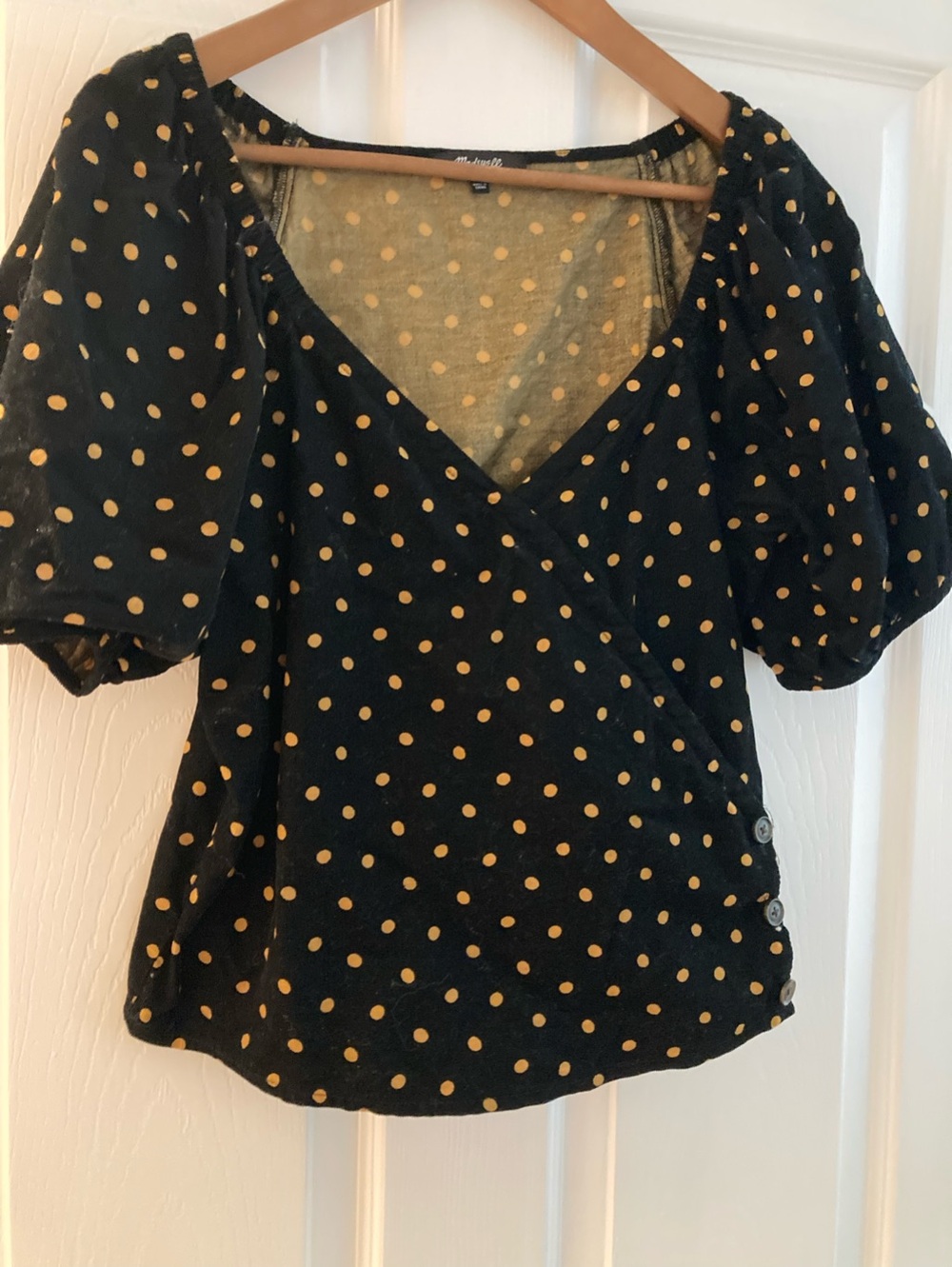 Madewell small corduroy Black Wrap Top with Mustard Polka Dots